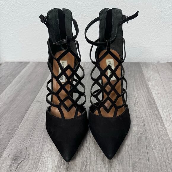 STEVE MADDEN Sonillo Cage Design Court Shoes Suede Stiletto Heels Black 8 1/2 - Picture 6 of 8